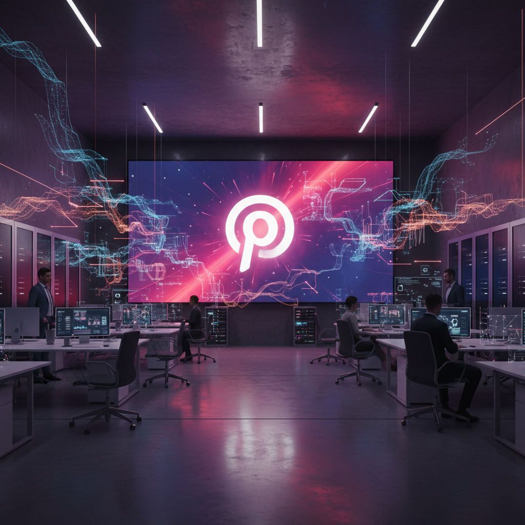 A sleek modern technology office environment with a large glowing Pinterest logo on a digital screen. Digital nodes and neural network patterns floating in the air symbolizing AI transformation. Soft purple and red lighting. High contrast informational style. 4:3