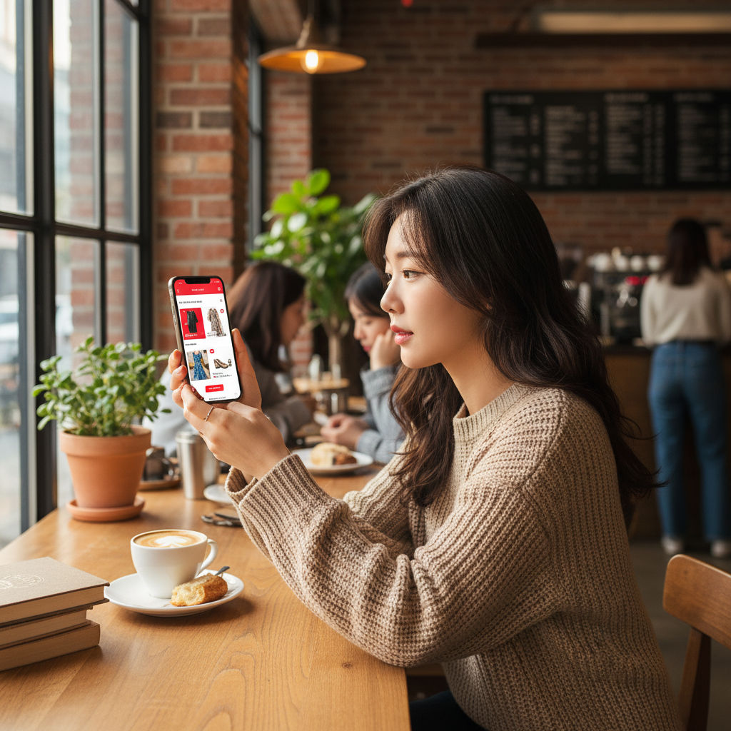 A Korean woman using a smartphone displaying the Pinterest app with personalized AI shopping recommendations. High-quality lifestyle photography with warm natural lighting in a cozy cafe. 4:3