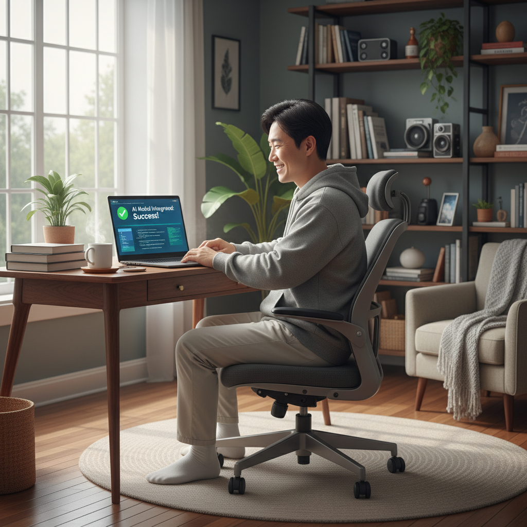 A Korean male developer in his 30s smiling while looking at a laptop screen showing successful AI model integration in a cozy home office setup natural lighting 1:1