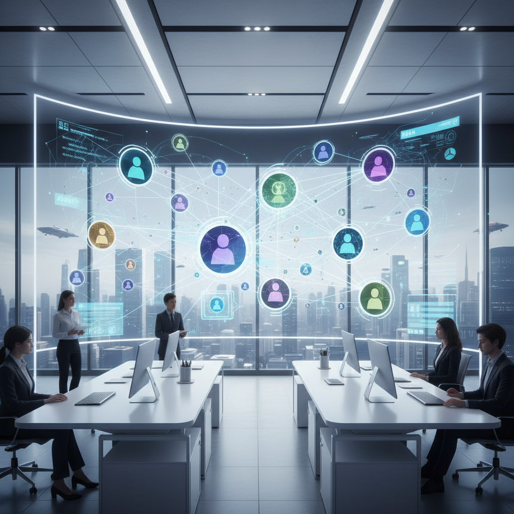 A futuristic and clean office environment showing multiple translucent AI agent icons collaborating together in a digital network, high-tech interface, bright and professional lighting, 4:3