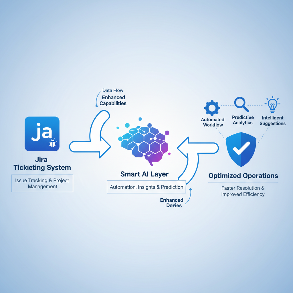 A clean infographic showing the connection between a ticketing system like Jira and a smart AI layer. The background is a soft gradient of blue and white. Modern enterprise software design aesthetic, professional and high contrast, 4:3