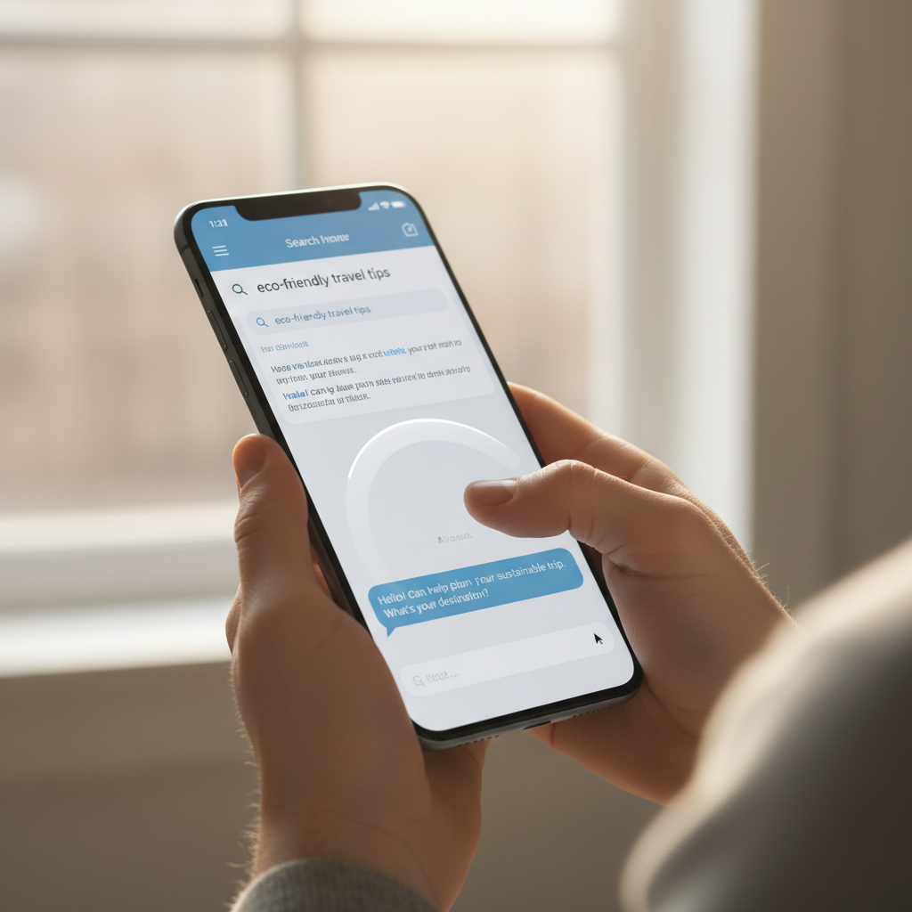 A close-up of a person's hands holding a modern smartphone, showing a seamless transition from search results to a chatbot conversation. Natural indoor lighting, high-tech feel. 4:3
