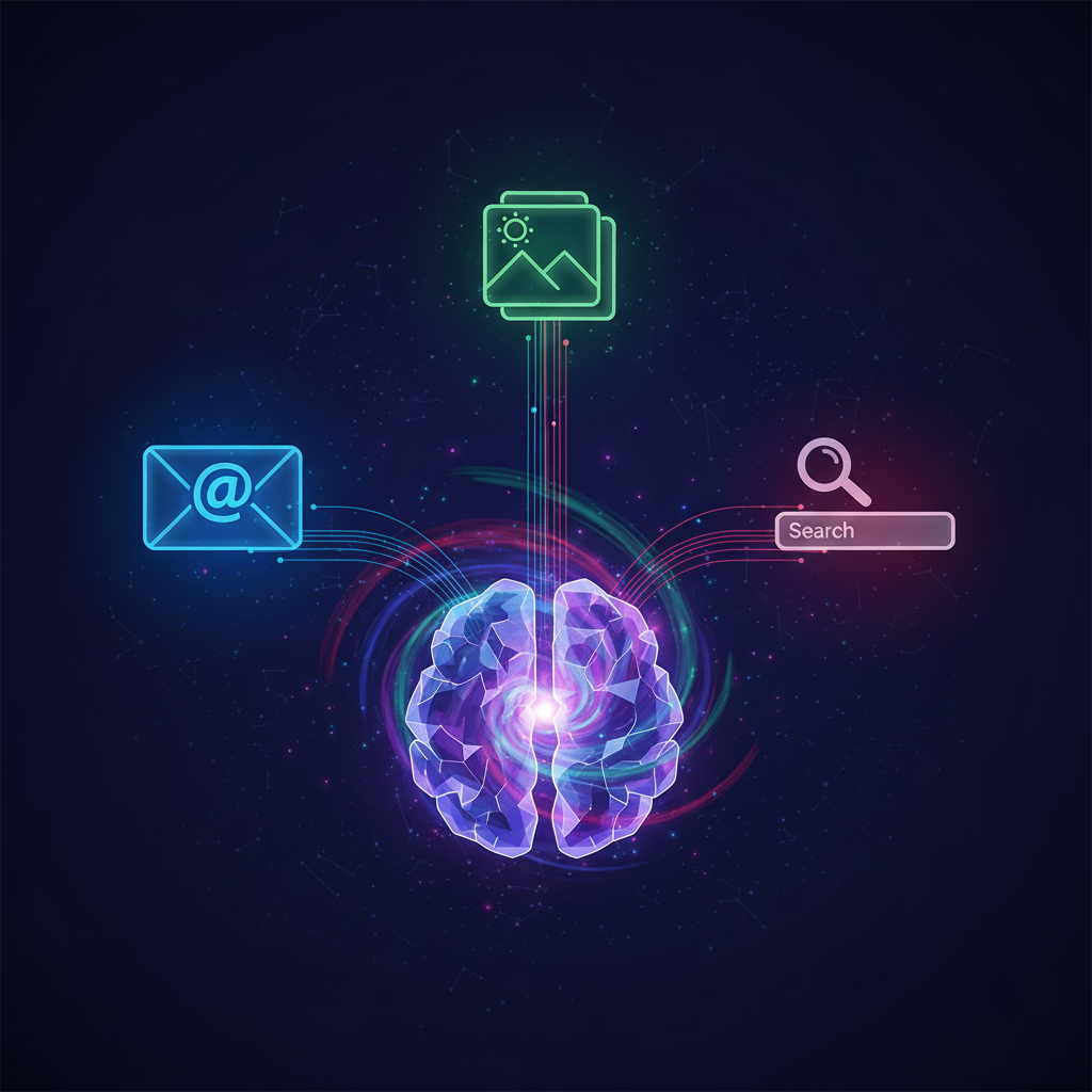 A conceptual illustration showing icons of email, photos, and search connected by glowing fiber optic lines to a central AI brain. Vivid colors with a deep background. 4:3