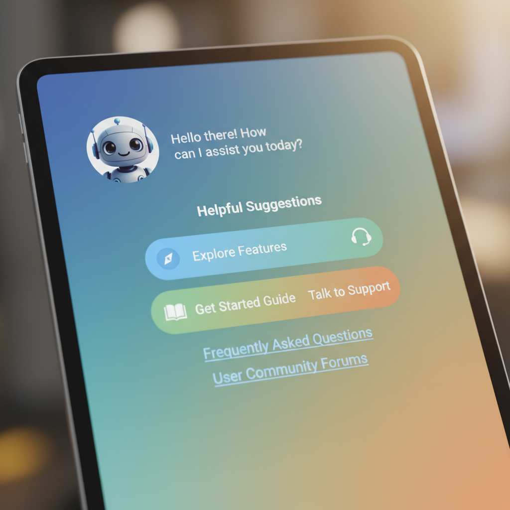 A close-up of a tablet screen displaying a beautiful and friendly chat interface with helpful suggestions and clear links. Artistic rendering with soft focus on the edges. 4:3