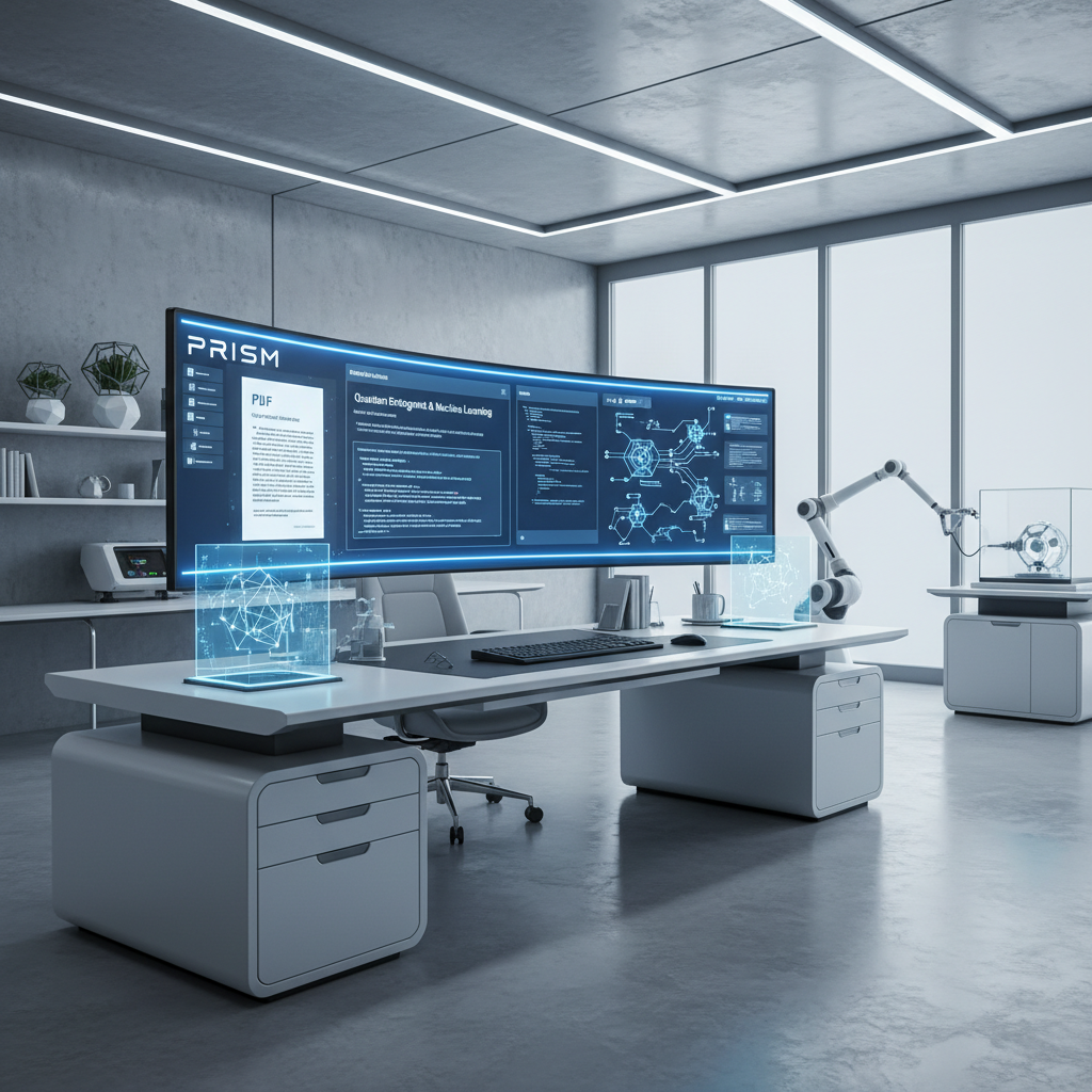 A modern and clean scientific laboratory office with a large computer monitor showing a sophisticated AI workspace interface called Prism. The interface displays scientific papers, LaTeX formulas, and research diagrams. The lighting is bright and professional, representing a futuristic research environment. 16:9