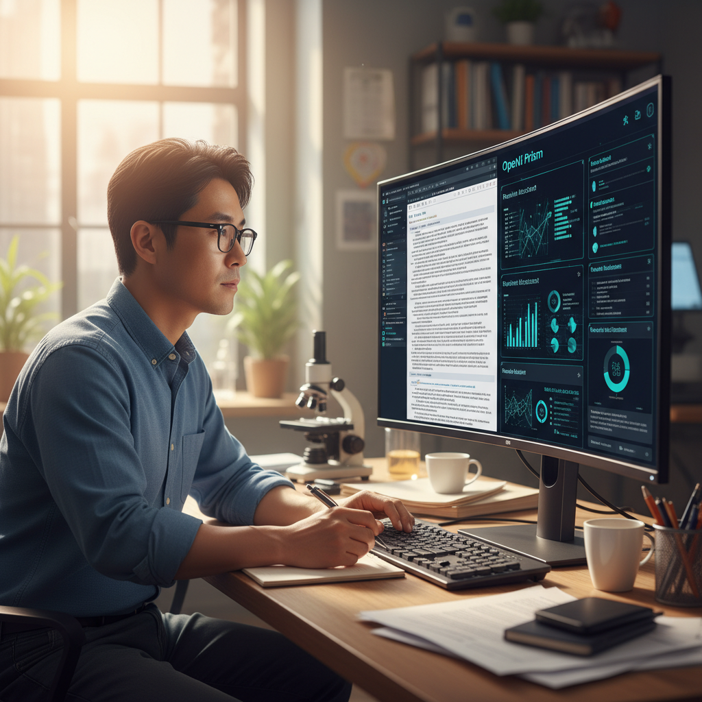 A Korean male scientist sitting at a desk, looking at a computer screen displaying OpenAI Prism interface. He is focused on revising a scientific manuscript. The screen shows a split view with text on one side and AI suggestions on the other. Warm and natural lighting. 4:3