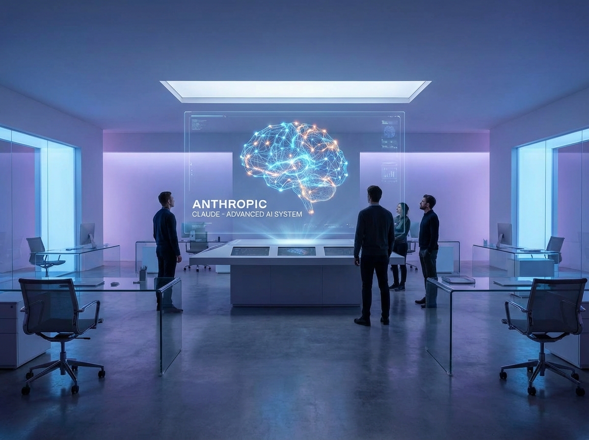 A futuristic and clean office environment with a holographic display of a neural network representing advanced AI technology, Anthropic Claude concept, high-tech atmosphere, cinematic lighting, 4:3