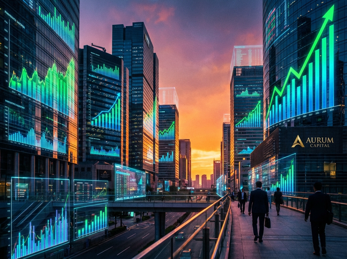 Modern financial district at sunset with glowing digital charts and graphs showing upward trends, professional investment concept, high contrast, vivid colors, 4:3