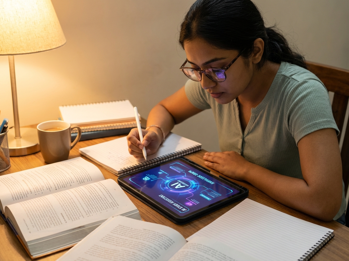 A South Asian student studying intensely with a tablet showing a modern AI interface, warm indoor lighting, books and notes on the desk, focused expression, realistic lifestyle photography style, 4:3