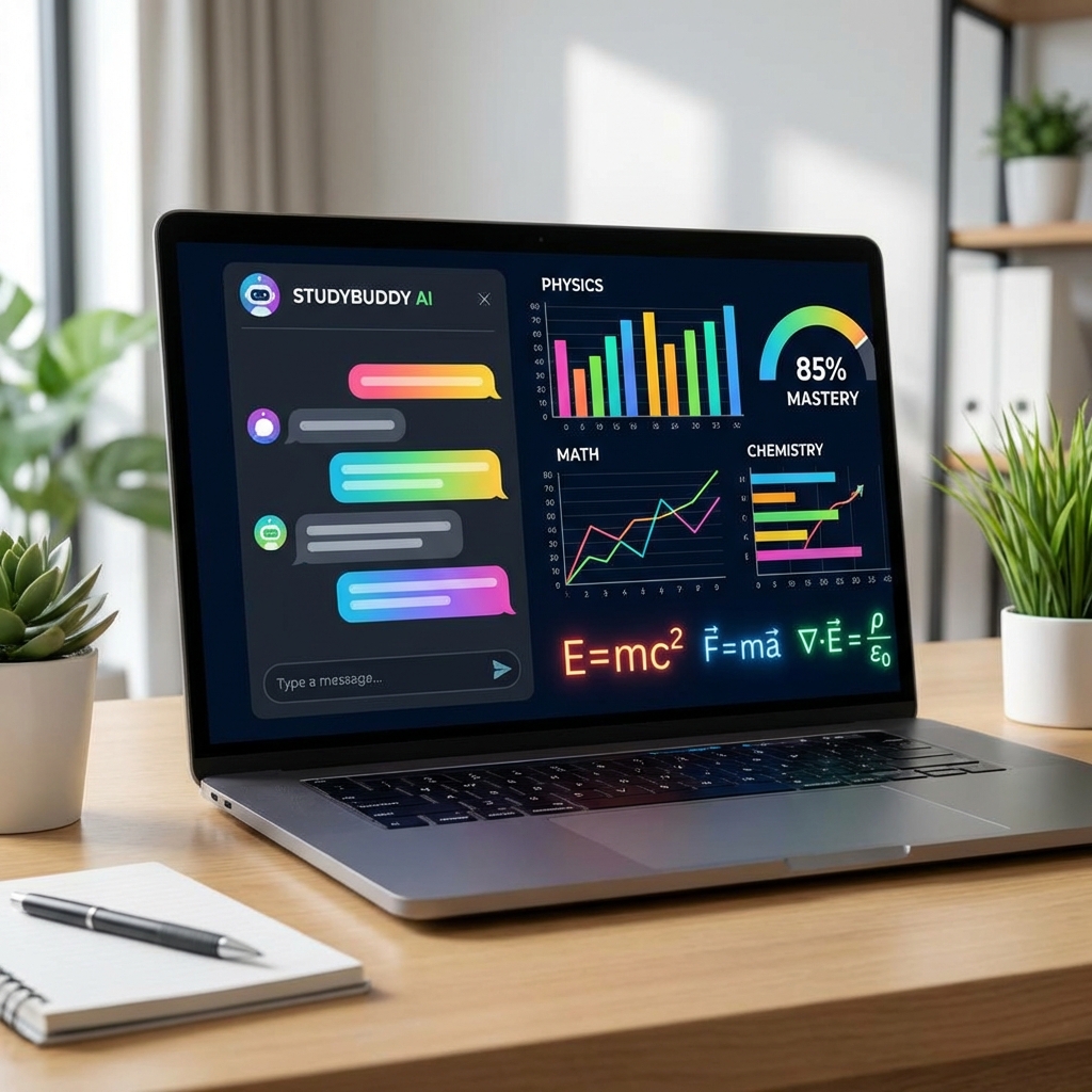 A laptop screen displaying an AI chatbot interface with colorful study progress charts and physics equations, clean workspace background, modern and high contrast informational style, 1:1