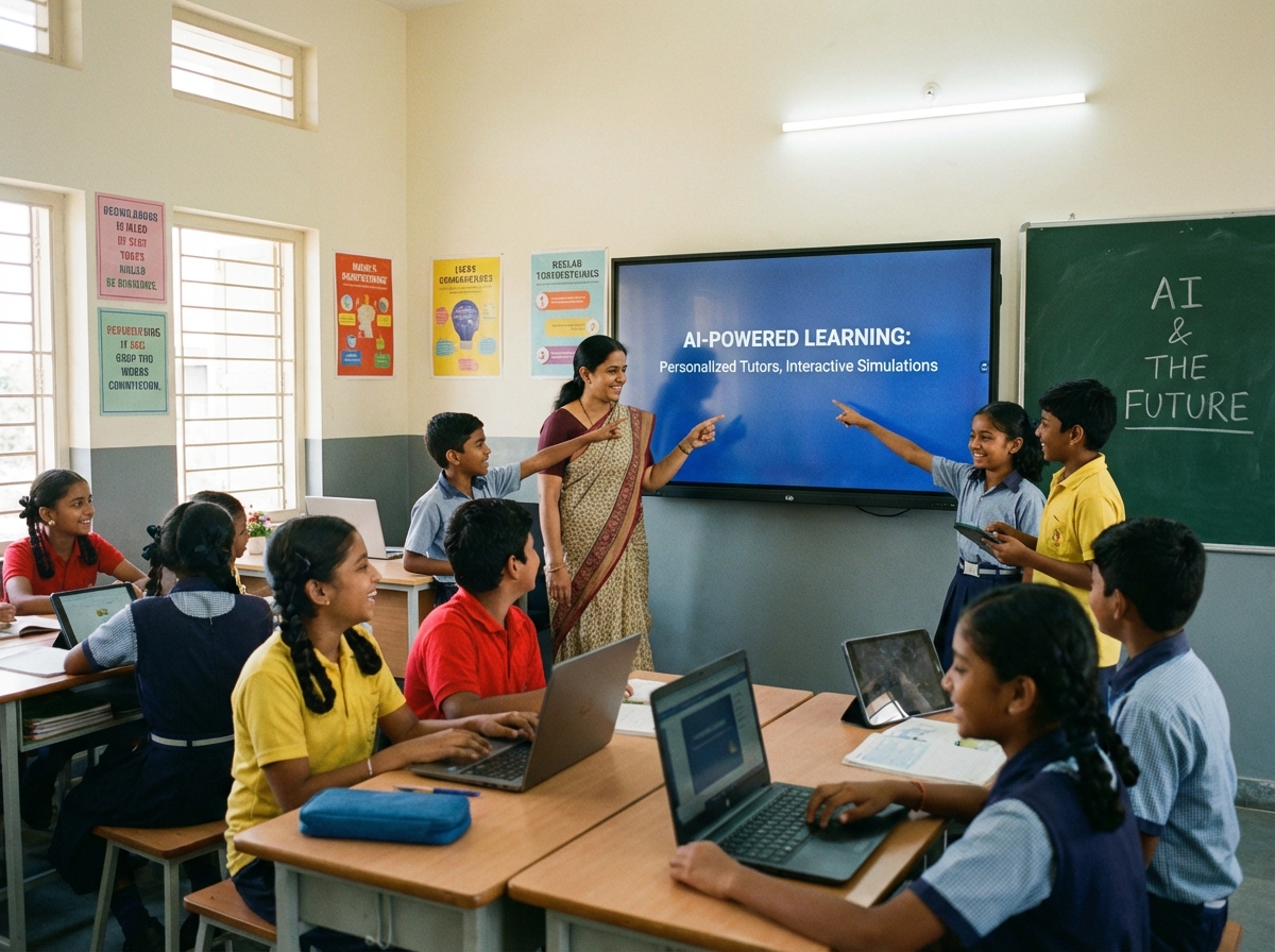 An Indian classroom setting where a teacher and students are looking at a large screen showing AI educational tools, bright and collaborative atmosphere, natural lighting, realistic photography, 4:3