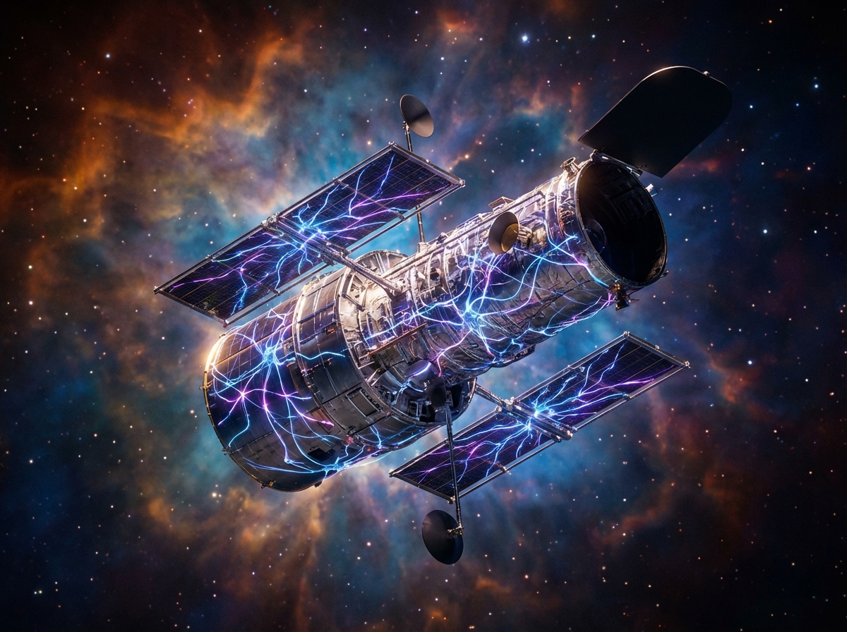 A futuristic representation of the Hubble Space Telescope in deep space with glowing neural network overlays representing artificial intelligence, cosmic nebula background, highly detailed, cinematic lighting, 4:3