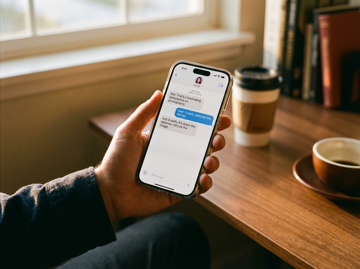 A person’s hand holding a high-end smartphone, showing a messaging app screen where a conversation with an AI is happening. Natural lifestyle photography, warm indoor lighting, wooden desk in the background. 4:3