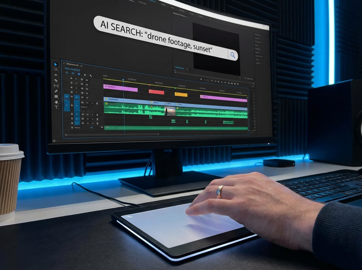 A close-up of a high-end video editing software interface showing an AI-powered search bar. The screen displays a video timeline with colorful waveforms and markers. A hand is using a trackpad in a professional dark-themed editing suite with soft ambient lighting. Realistic photography, 4:3
