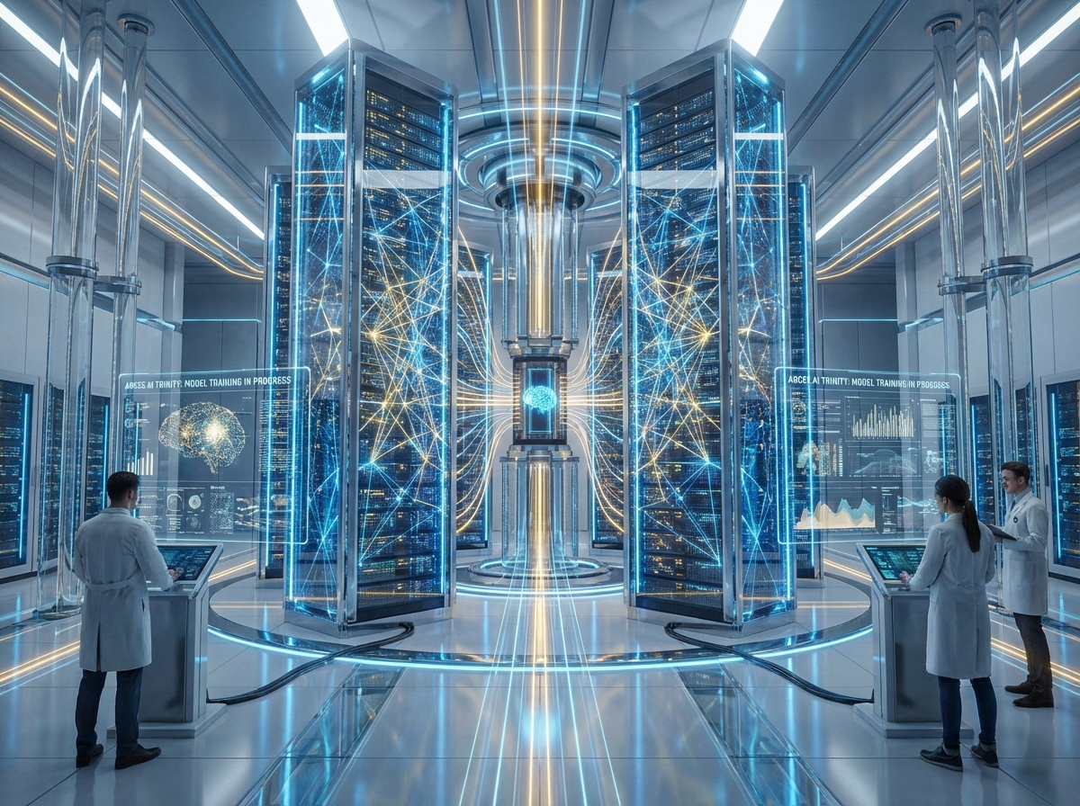 A futuristic high-tech server room with glowing blue and gold lights representing a powerful AI neural network. The atmosphere is professional and innovative, symbolizing Arcee AI Trinity model training. 4:3