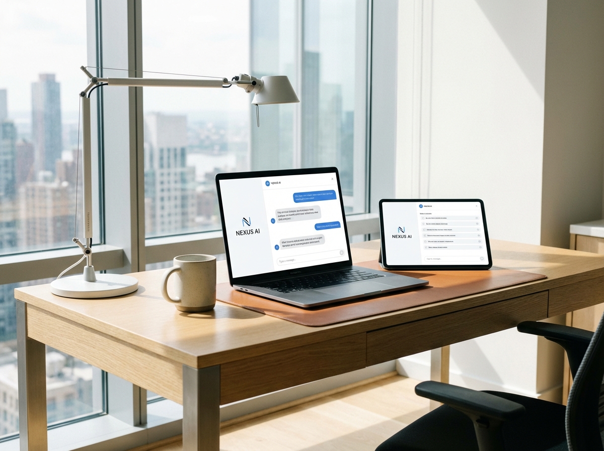 A sleek modern desk with a laptop and a tablet showing a clean chat interface of a powerful AI assistant. The setting is bright and professional. 4:3
