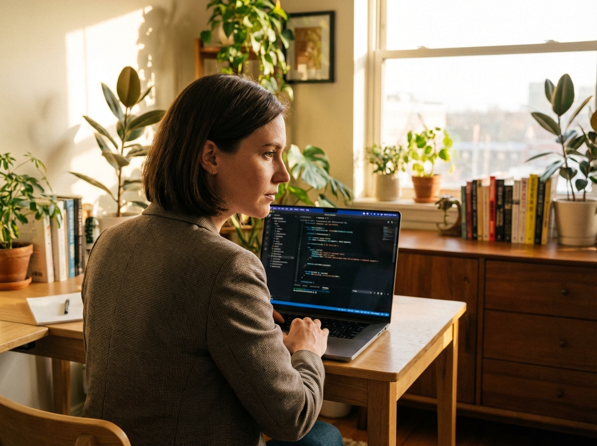 노트북으로 AI 코딩 도구를 활용하는 전문가의 모습