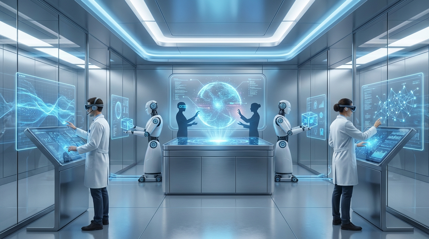 A professional digital illustration showing a futuristic data processing environment where human experts and AI algorithms collaborate to clean and label massive datasets. The scene features glowing blue data streams and clean laboratory aesthetics. Cinematic lighting, high resolution, 16:9 aspect ratio. NO TEXT.