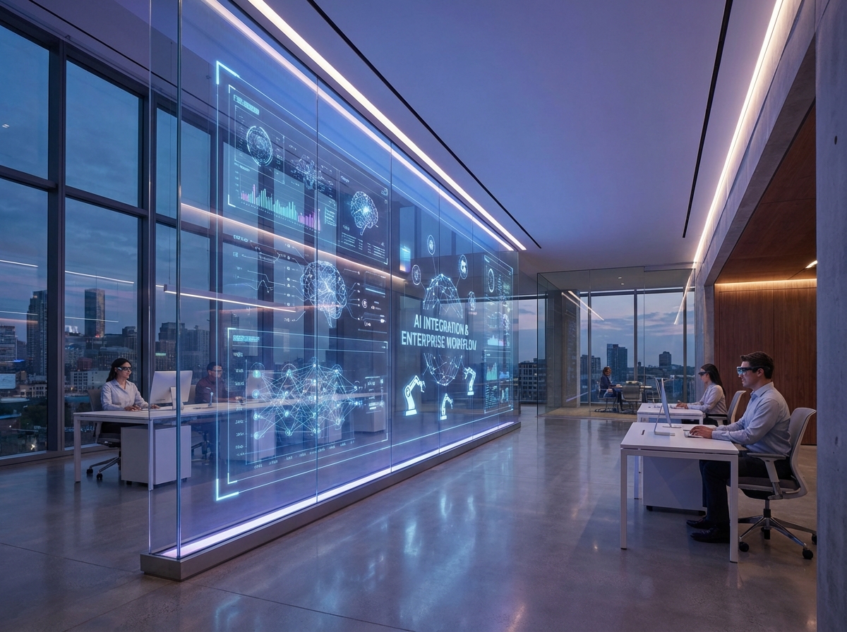 A sleek and modern corporate office environment showing a futuristic digital interface on a glass wall, representing AI integration and enterprise workflow, soft blue and purple ambient lighting, high-tech atmosphere, 4:3