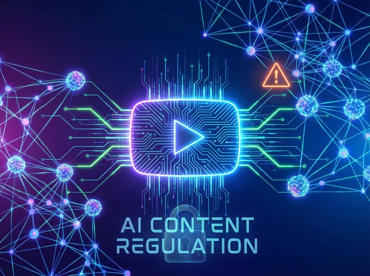 A digital illustration showing a YouTube play button surrounded by complex neural network lines and a subtle warning icon, representing the regulation of YouTube AI content, high-tech aesthetic, vibrant colors, 4:3