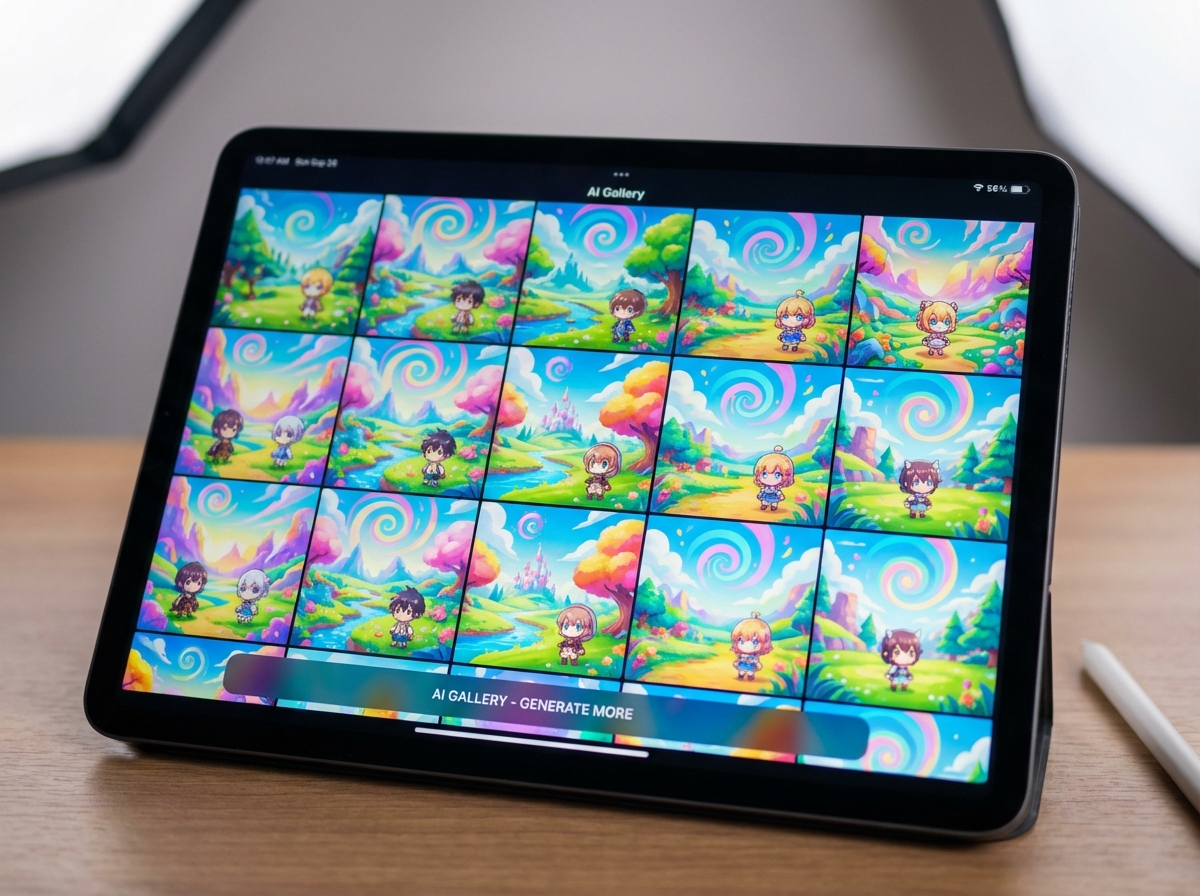 A montage of colorful repetitive AI generated anime style scenes on a tablet screen, vibrant but generic, representing low-quality AI slop, soft studio lighting, 4:3