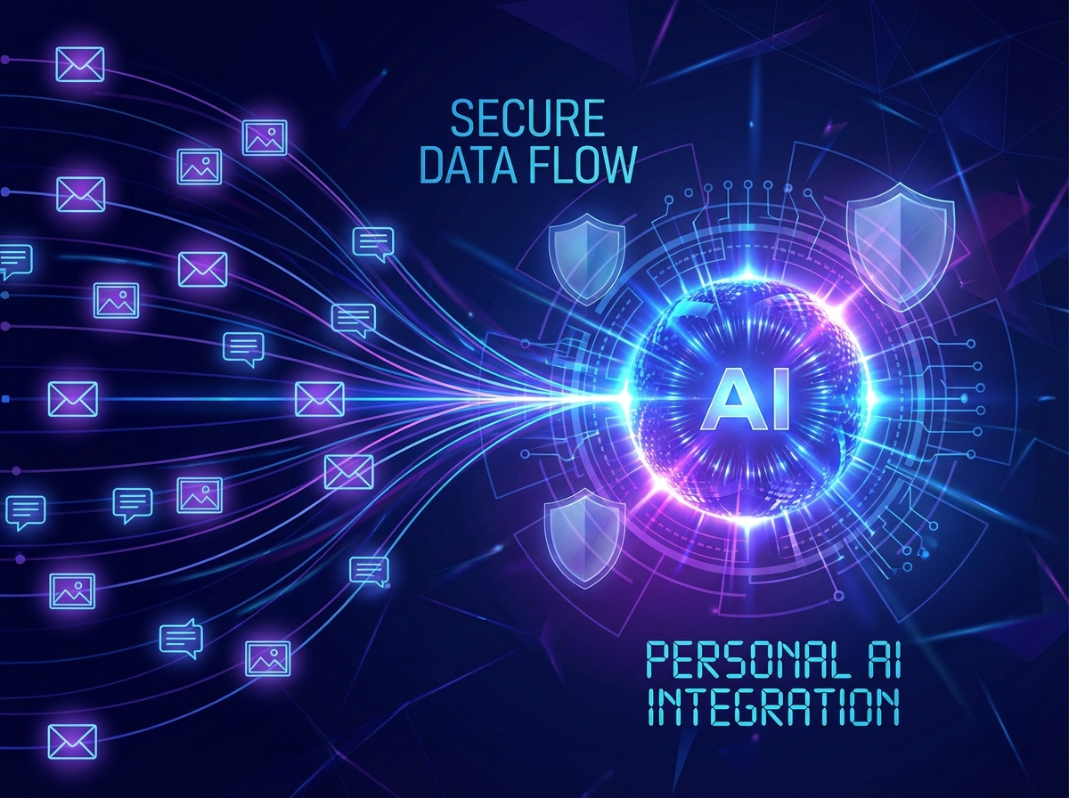 A stylized representation of personal data points like emails and photos connecting to a central AI glowing core. Futuristic and secure digital atmosphere, deep blue and purple tones, 4:3.