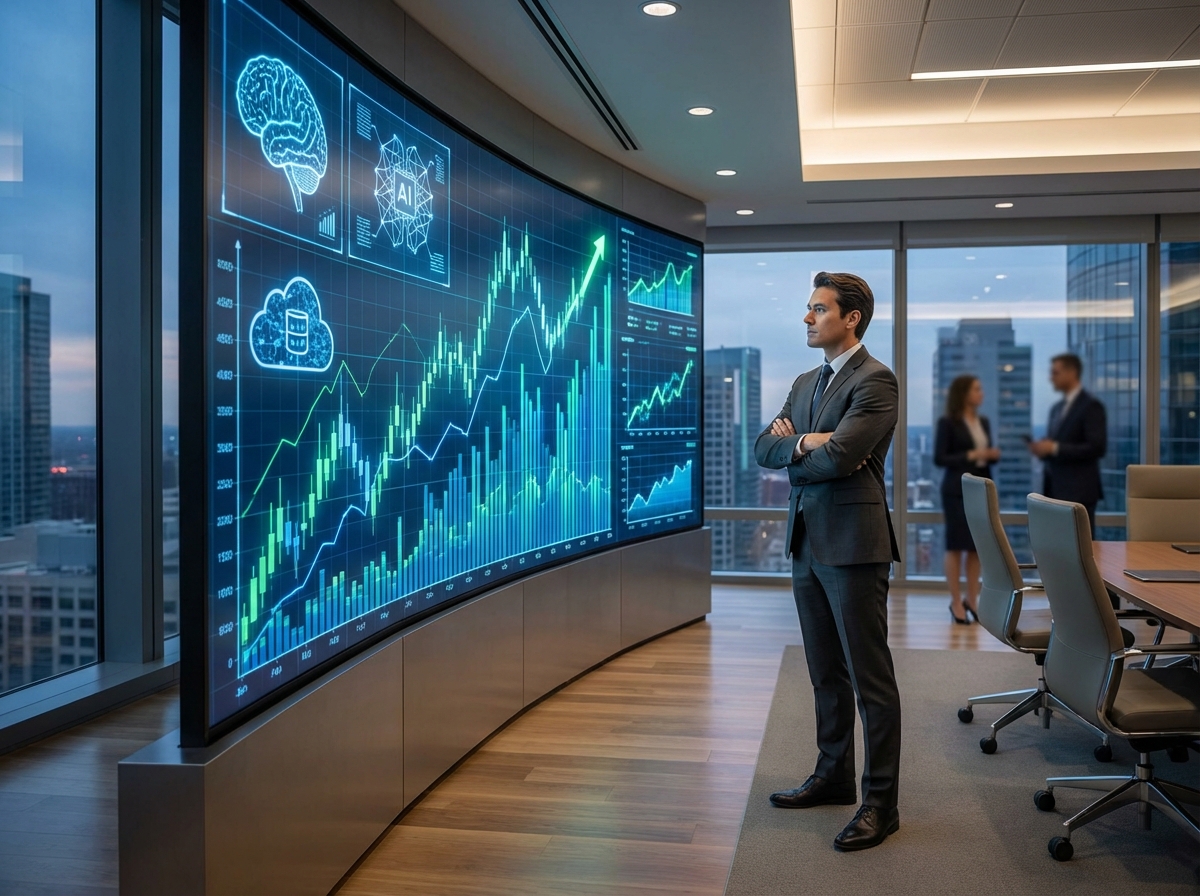 A professional business environment with a large digital screen displaying upward trending stock charts and abstract holographic AI symbols. A person in a suit is looking at the screen with a focused expression. Modern office style, high resolution, realistic. 4:3