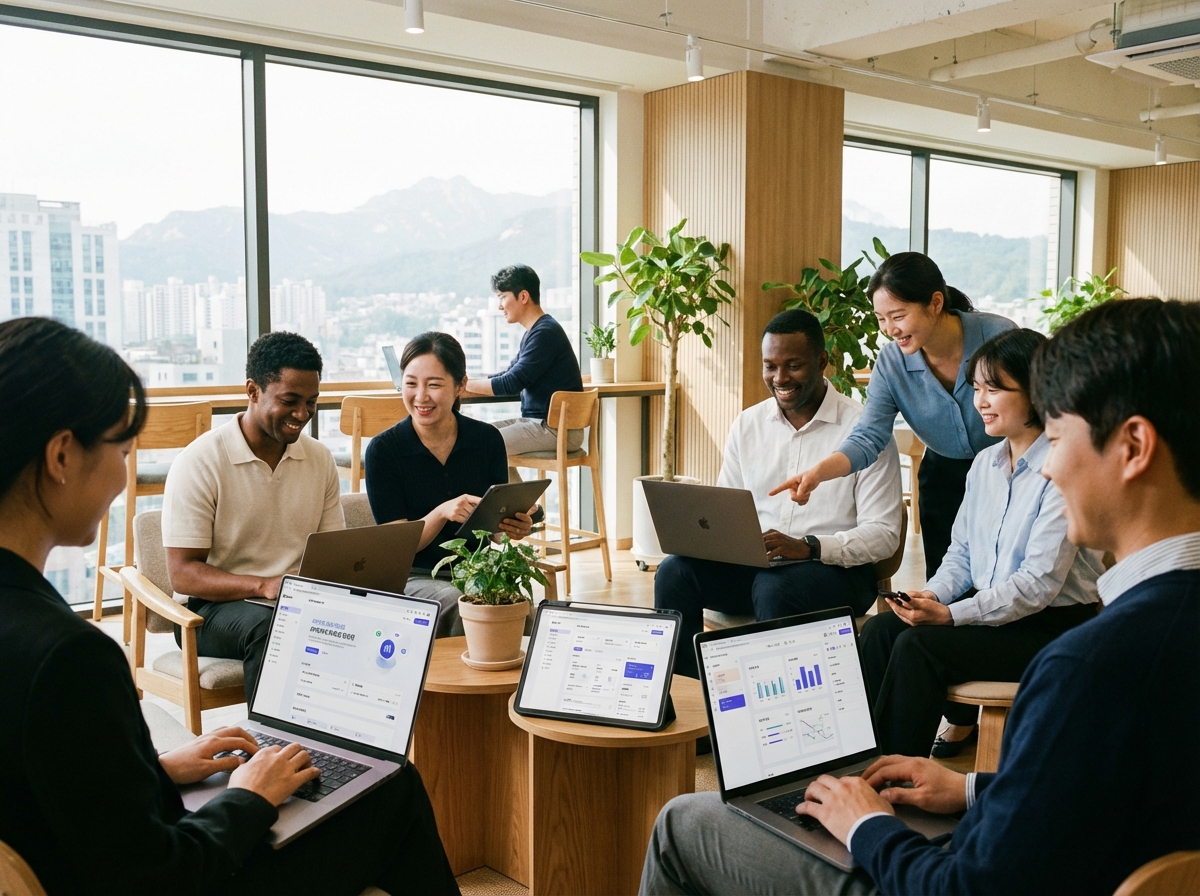 A diverse team of professionals working in a bright, modern Korean office. They are using laptops and tablets showing clean AI interfaces. Natural lighting, warm atmosphere, focused and collaborative mood. High-quality lifestyle photography. 4:3