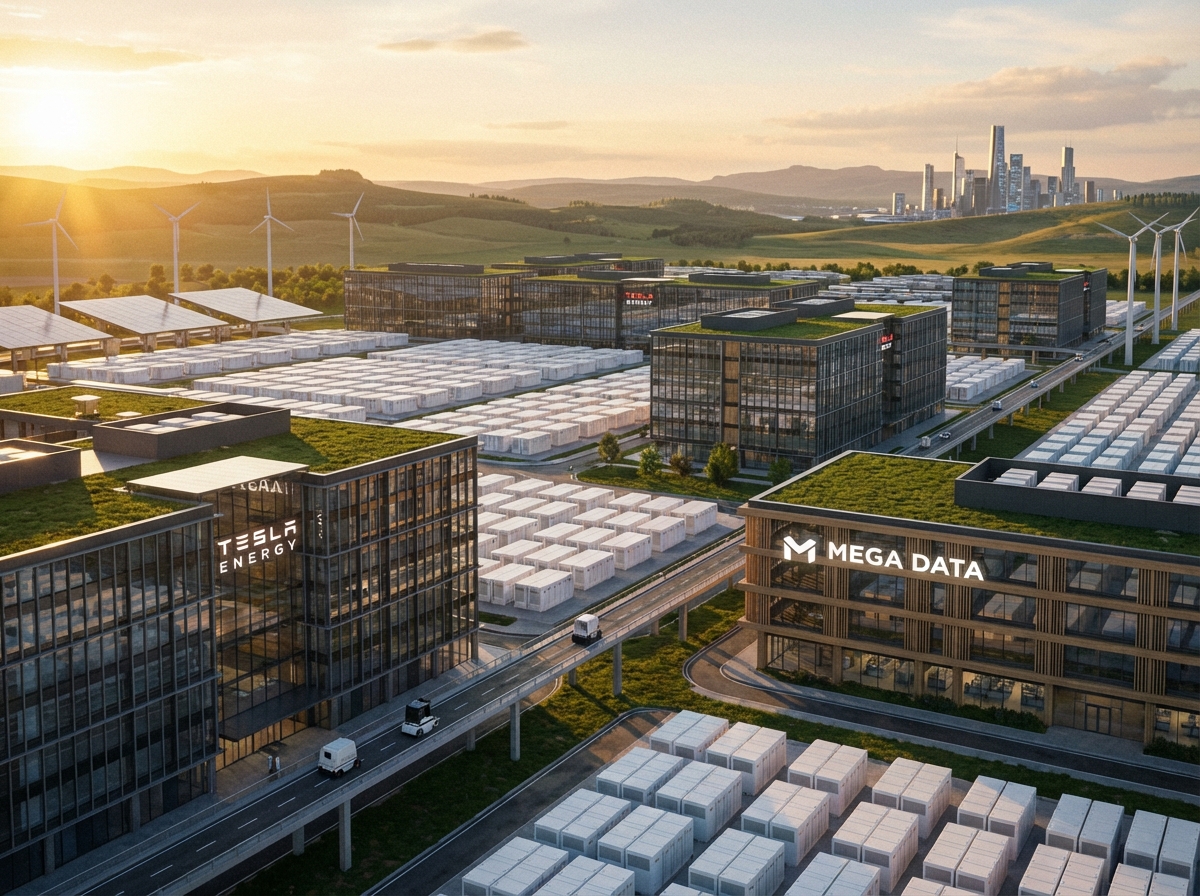 Wide angle shot of a massive modern data center campus integrated with Tesla Megapack battery units, sunset lighting, high tech infrastructure, cinematic atmosphere, 4:3