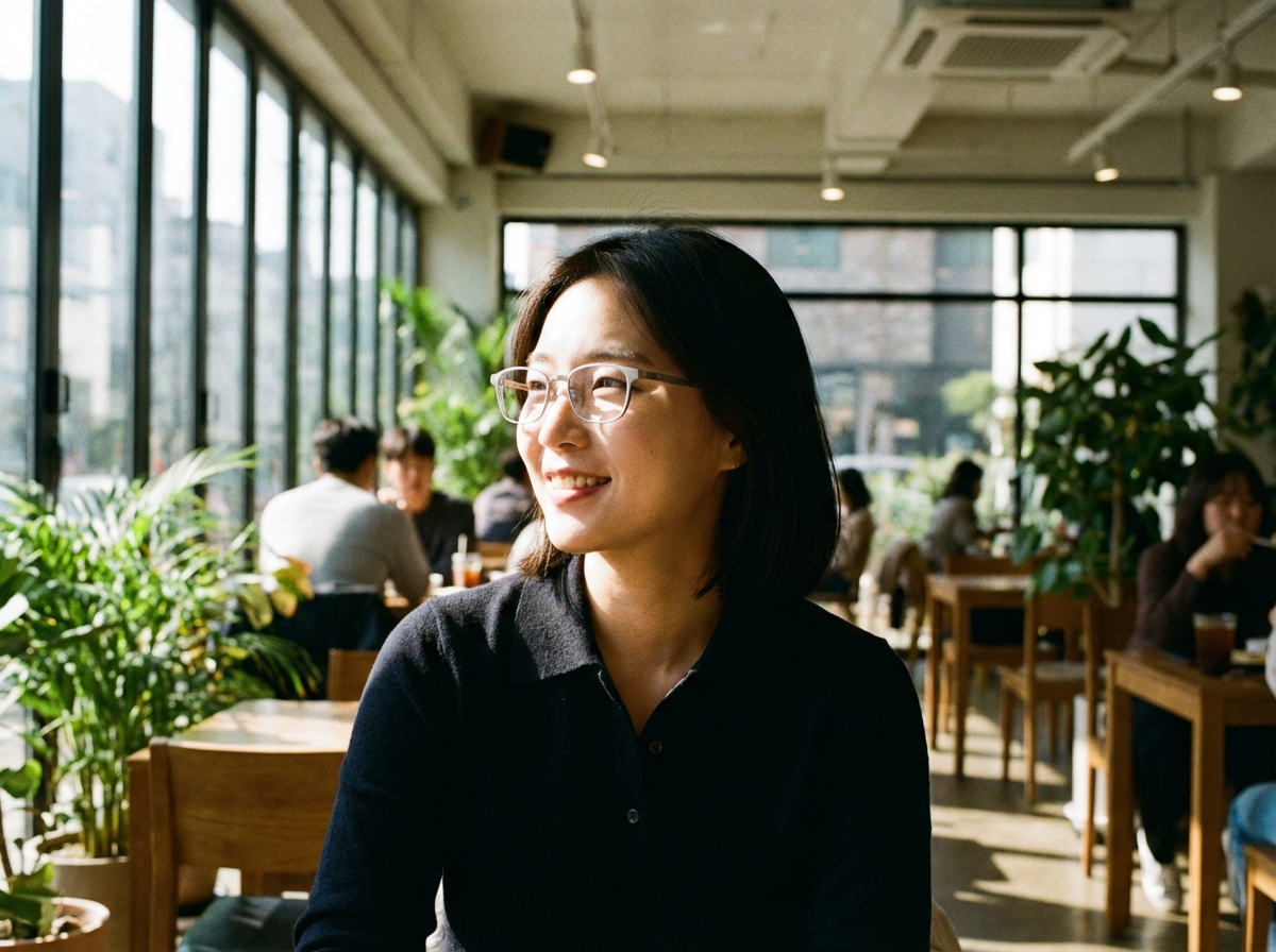 A modern Korean person wearing sleek AI smart glasses in a stylish urban cafe setting. The glasses look lightweight and sophisticated. Soft daylight, high-quality lifestyle photography, natural lighting, cinematic composition. 4:3