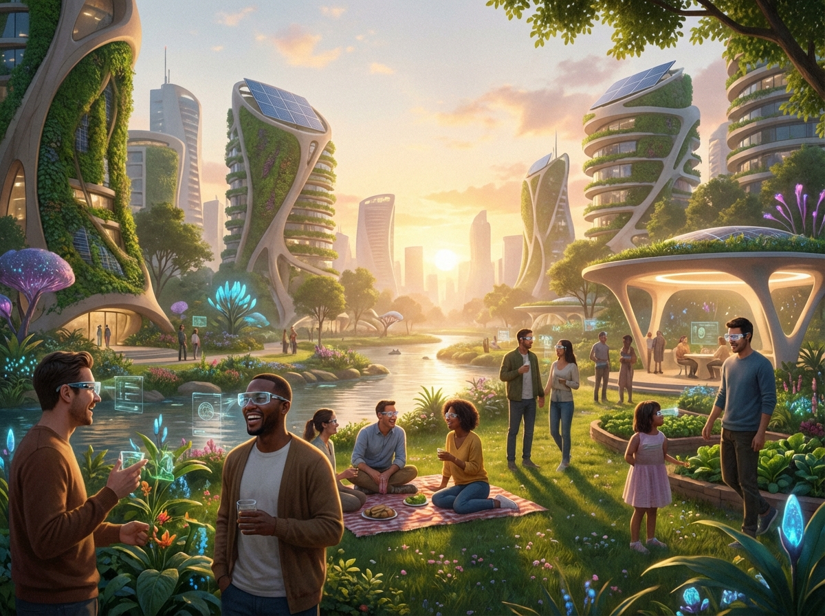 A warm and inviting scene of people interacting in a futuristic city park, some wearing stylish AI smart glasses. Harmony of nature and technology, soft sunset lighting, detailed lifestyle composition, 4:3
