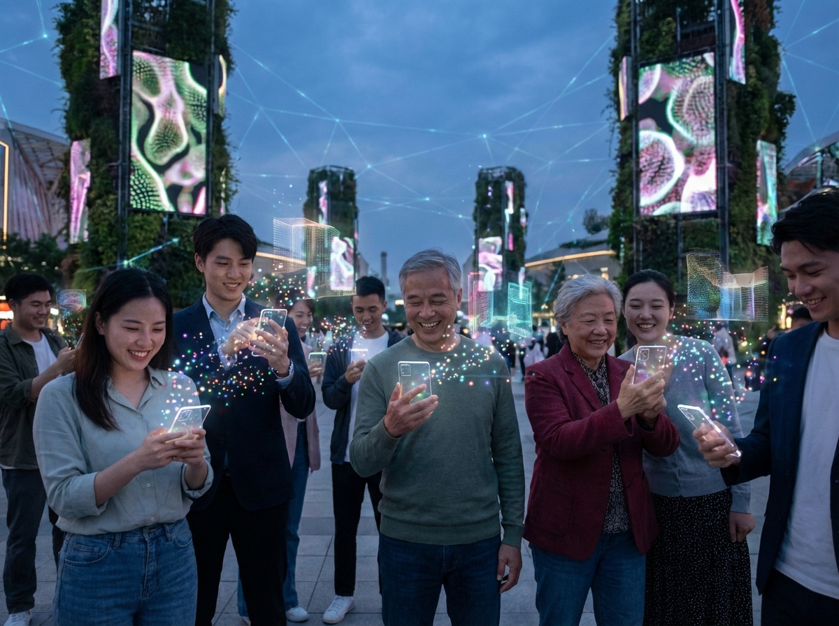 People using smartphones to interact with glowing digital particles and AI-generated virtual environments, diverse people, natural expressions, futuristic connectivity, 4:3