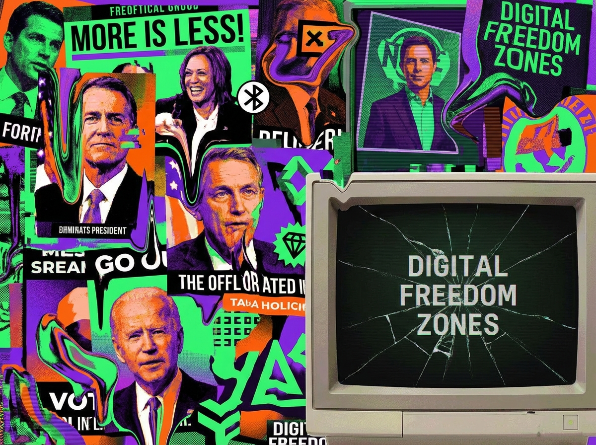 A collage of surreal and distorted political propaganda images created with AI tools, vibrant colors, digital art style, Slopaganda concept, 4:3