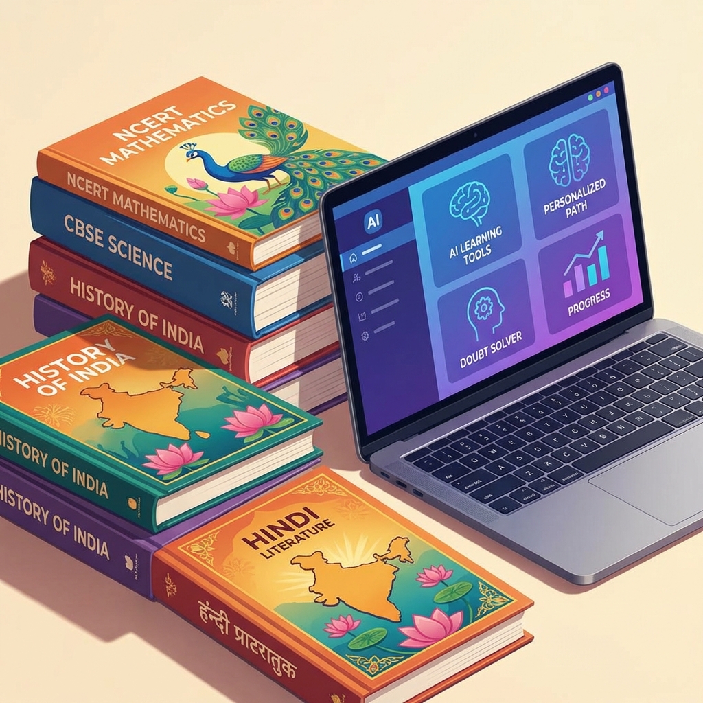 A composition of colorful Indian curriculum textbooks next to a sleek laptop displaying AI learning tools, soft indoor lighting, high contrast, clean infographic style, 1:1
