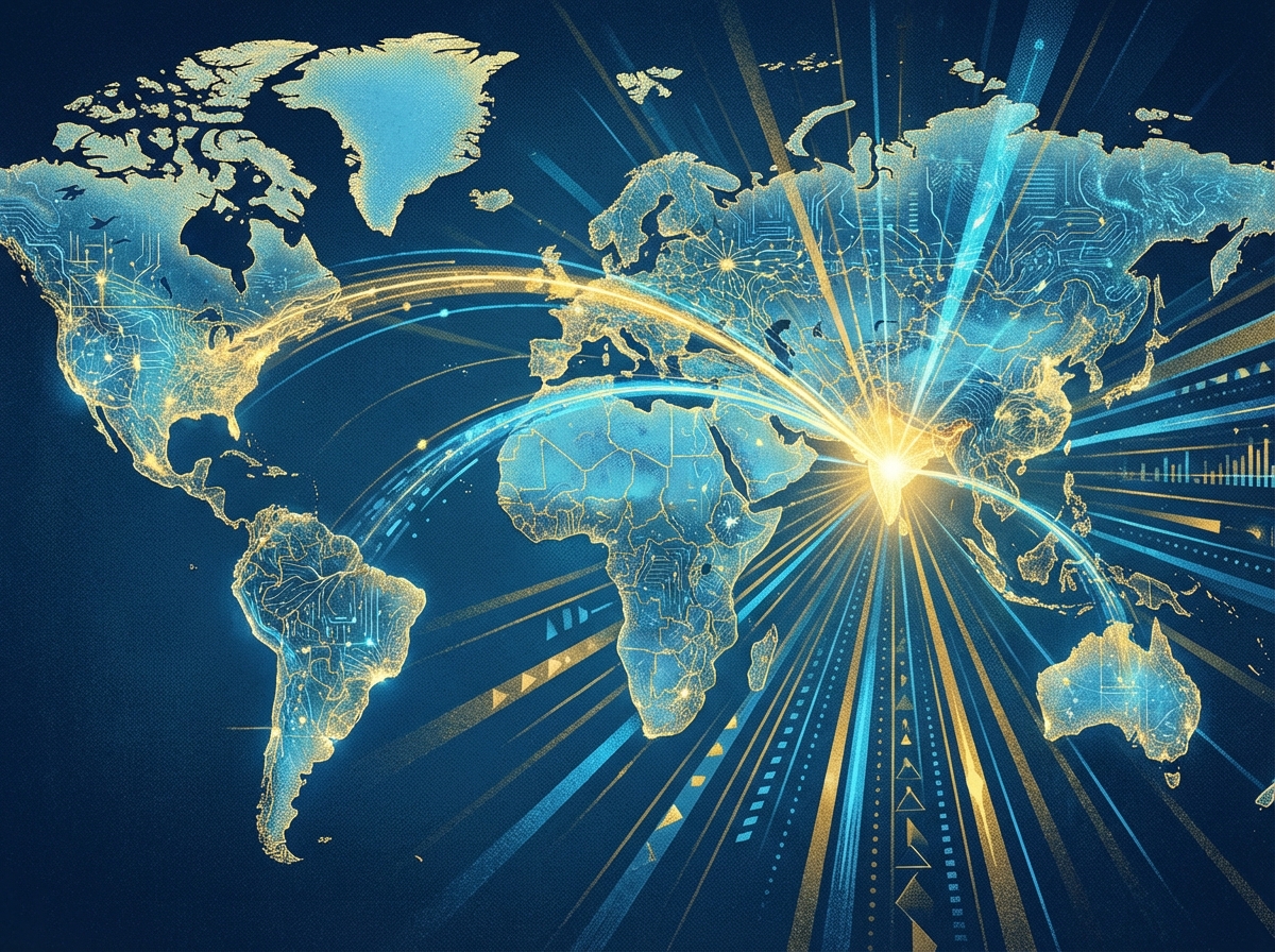 A stylized map of the world with light rays emanating from India towards other continents representing AI knowledge flow, modern digital illustration, blue and gold tones, 4:3