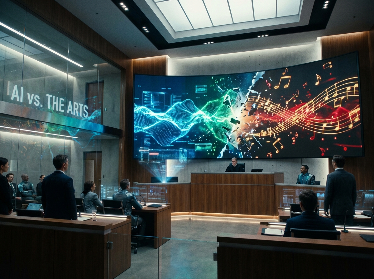 A high-tech courtroom setting where digital AI waves and musical notes clash in a dramatic visual representation. Modern and clean aesthetic, cinematic lighting, 4:3.