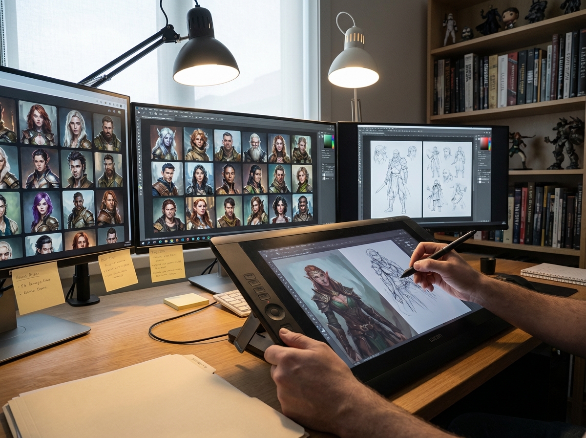 A professional game designer's workspace with multiple monitors displaying AI-generated character concepts and sketches, focus on hands and digital tablet, professional lighting, realistic style, 4:3
