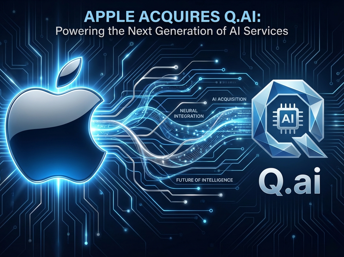 A clean infographic showing the Apple logo and an AI neural network connection representing the acquisition of a startup called Q.ai. Modern tech aesthetic, blue and silver color palette, high contrast, 4:3. NO KOREAN Text.