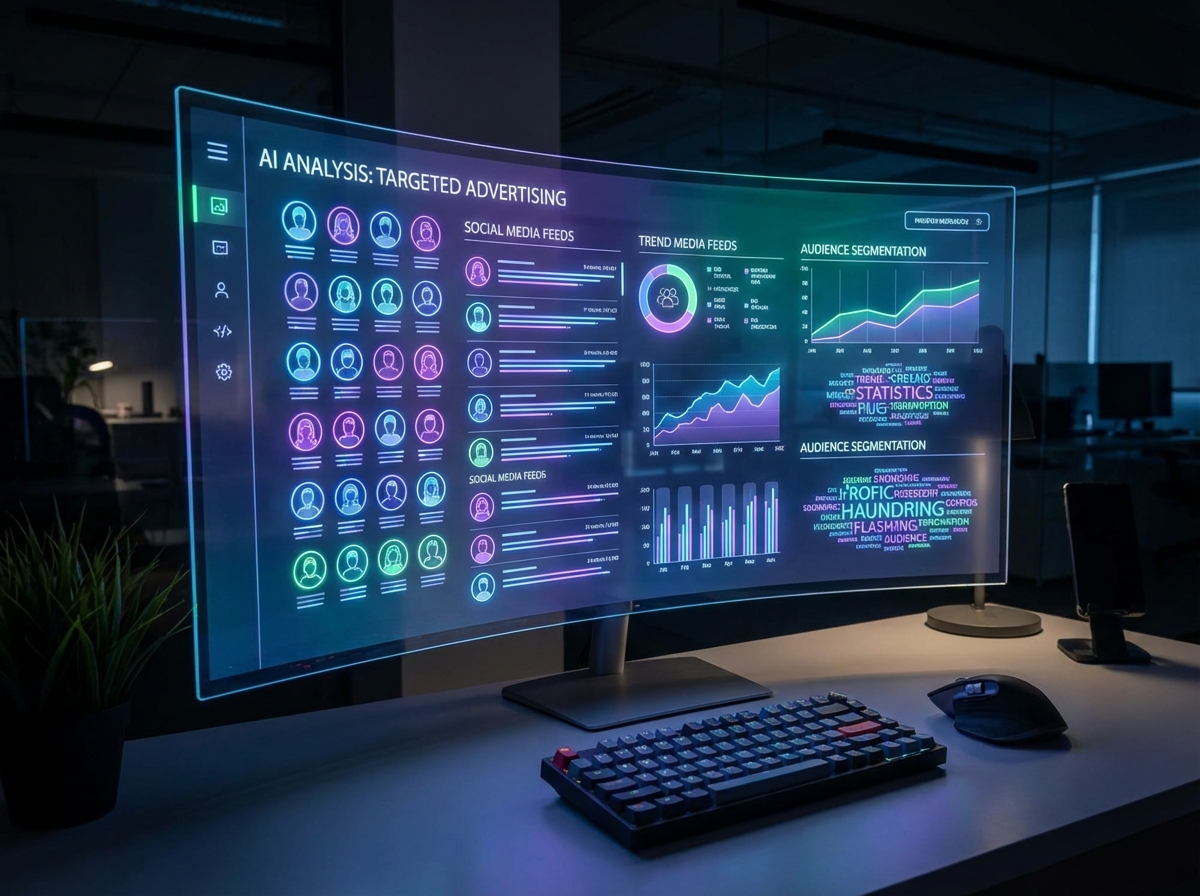 A futuristic digital interface showing artificial intelligence analyzing social media data for targeted advertising, bright neon accents, modern workspace setting, 4:3