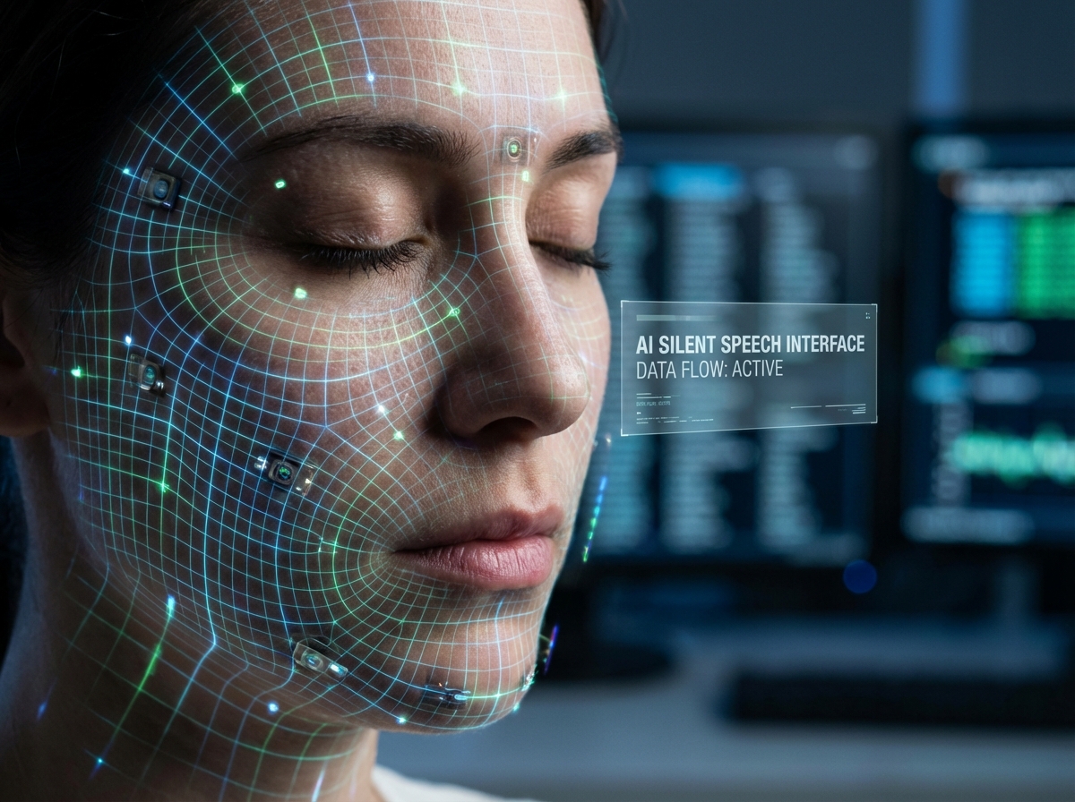 Close-up of a human face with glowing digital grid lines representing facial skin micro movements and optical sensors. High-tech visualization of AI silent speech technology. 4:3. NO KOREAN Text.