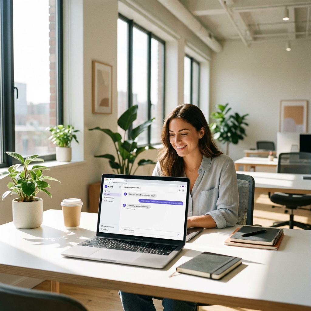 A young professional sitting in a bright modern office, using a laptop with an AI chat interface visible on the screen. Natural sunlight, clean workspace, lifestyle photography, 1:1