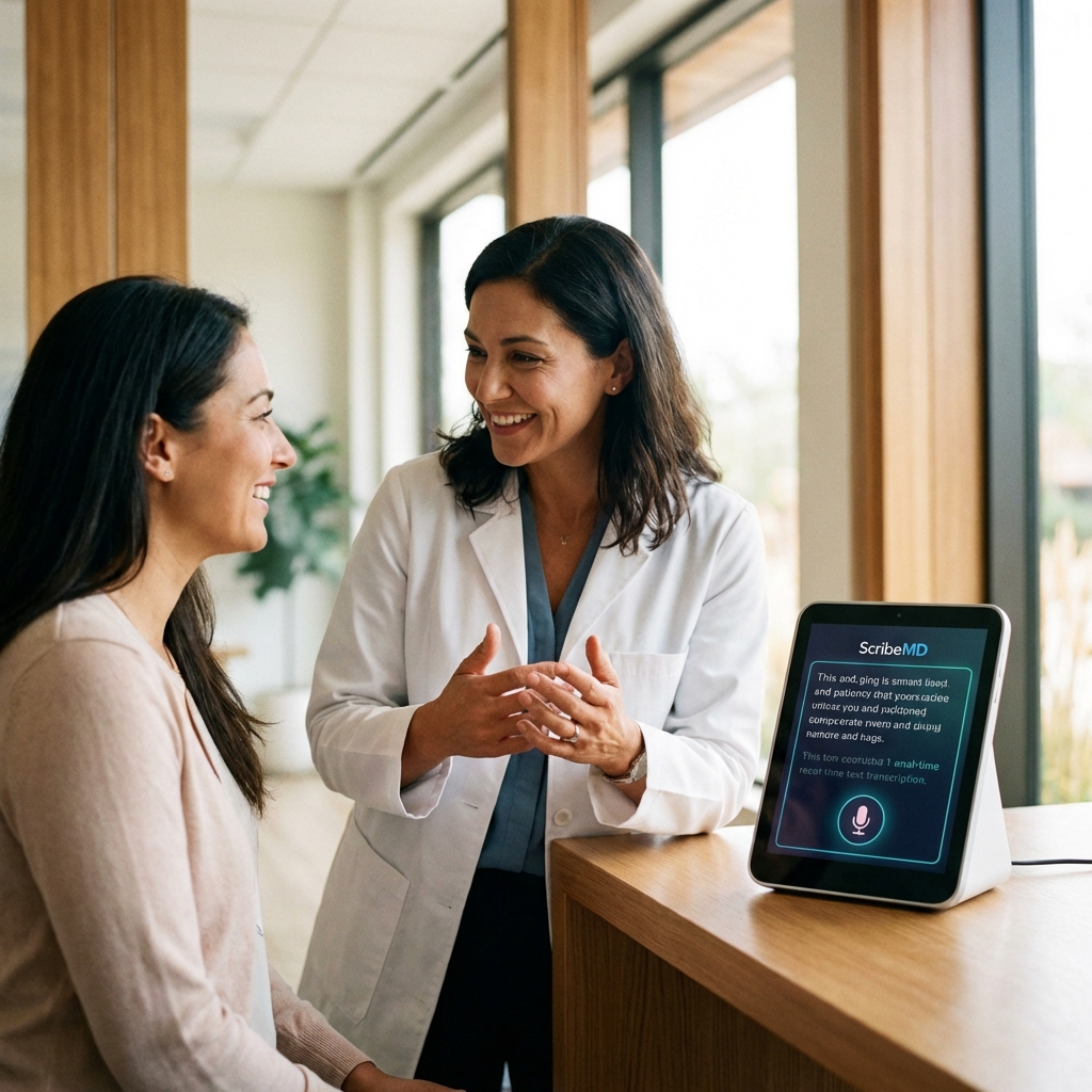 A doctor in a white coat talking to a patient in a modern clinic while a smart device on the desk records and processes the conversation. Warm and trustful lighting, realistic photography, 1:1