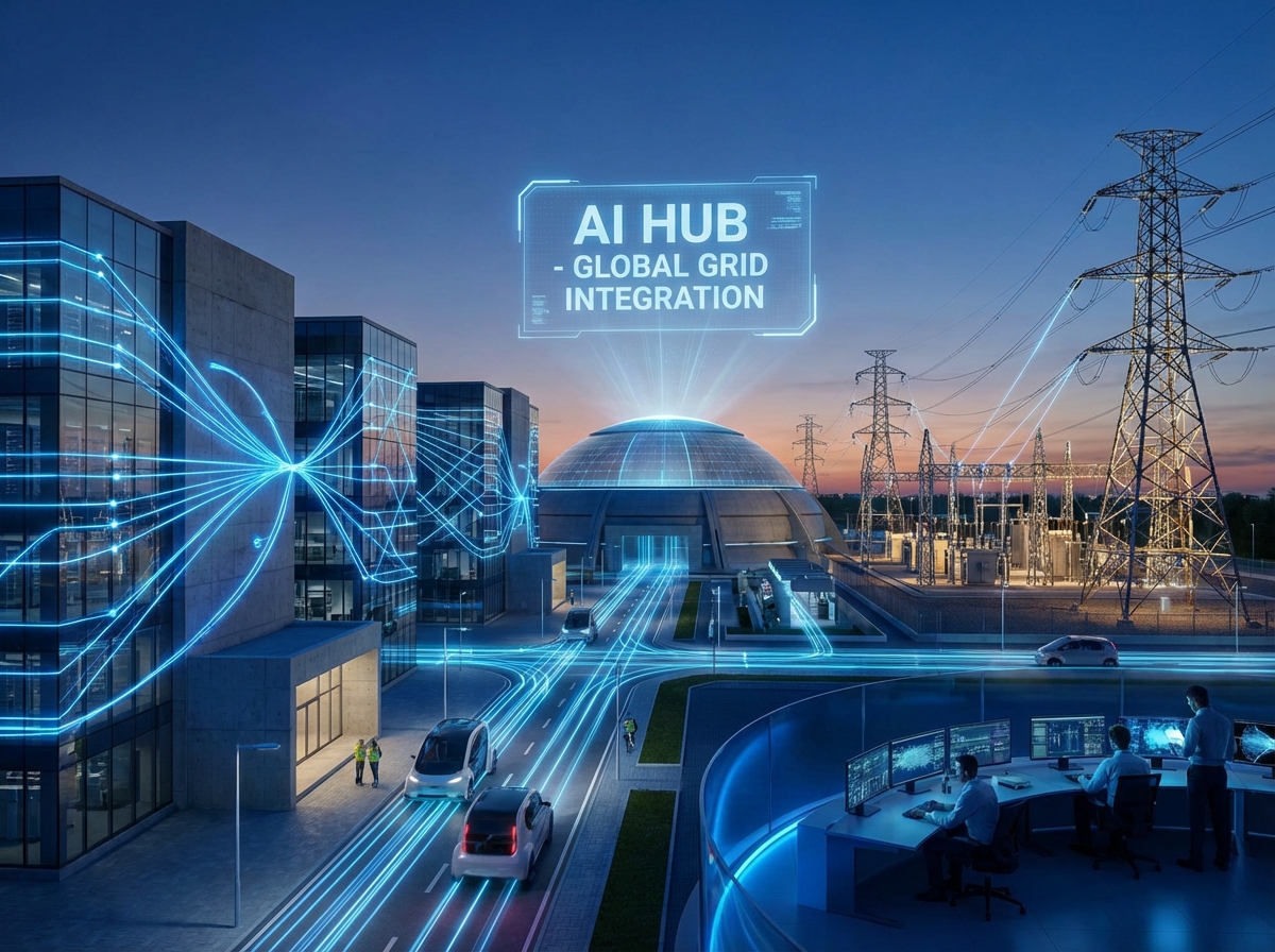A high-tech AI data center facility integrated with a modern power grid system, glowing blue fiber optic lights, futuristic architecture, cinematic lighting, 4:3