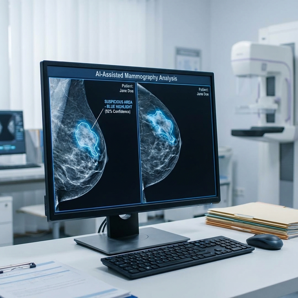 Realistic medical AI interface showing digital mammography analysis with soft blue highlights on a monitor, professional clinical environment, high resolution, 1:1