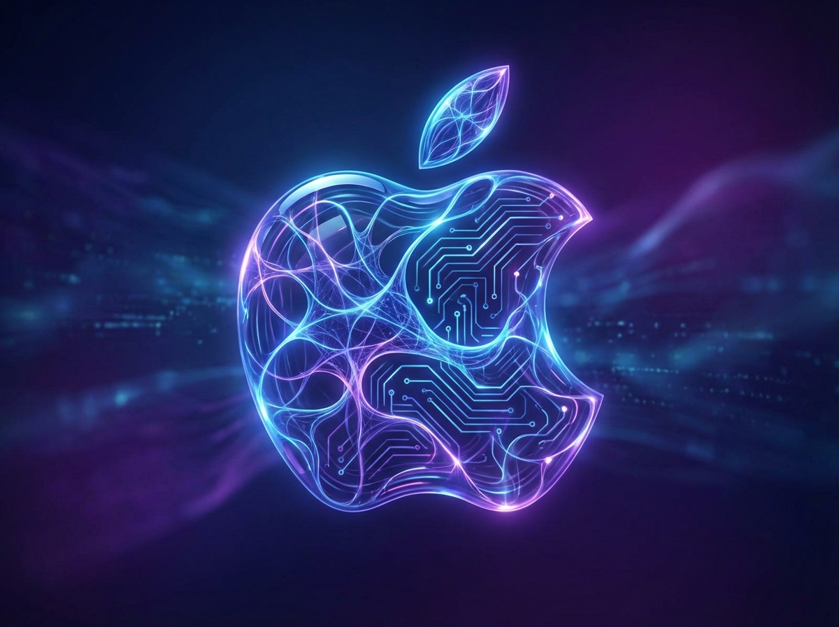 A sleek and modern conceptual illustration of the Apple logo integrated with glowing neural network lines and circuit patterns. The background is a sophisticated dark gradient with soft blue and purple lighting. No text. 4:3
