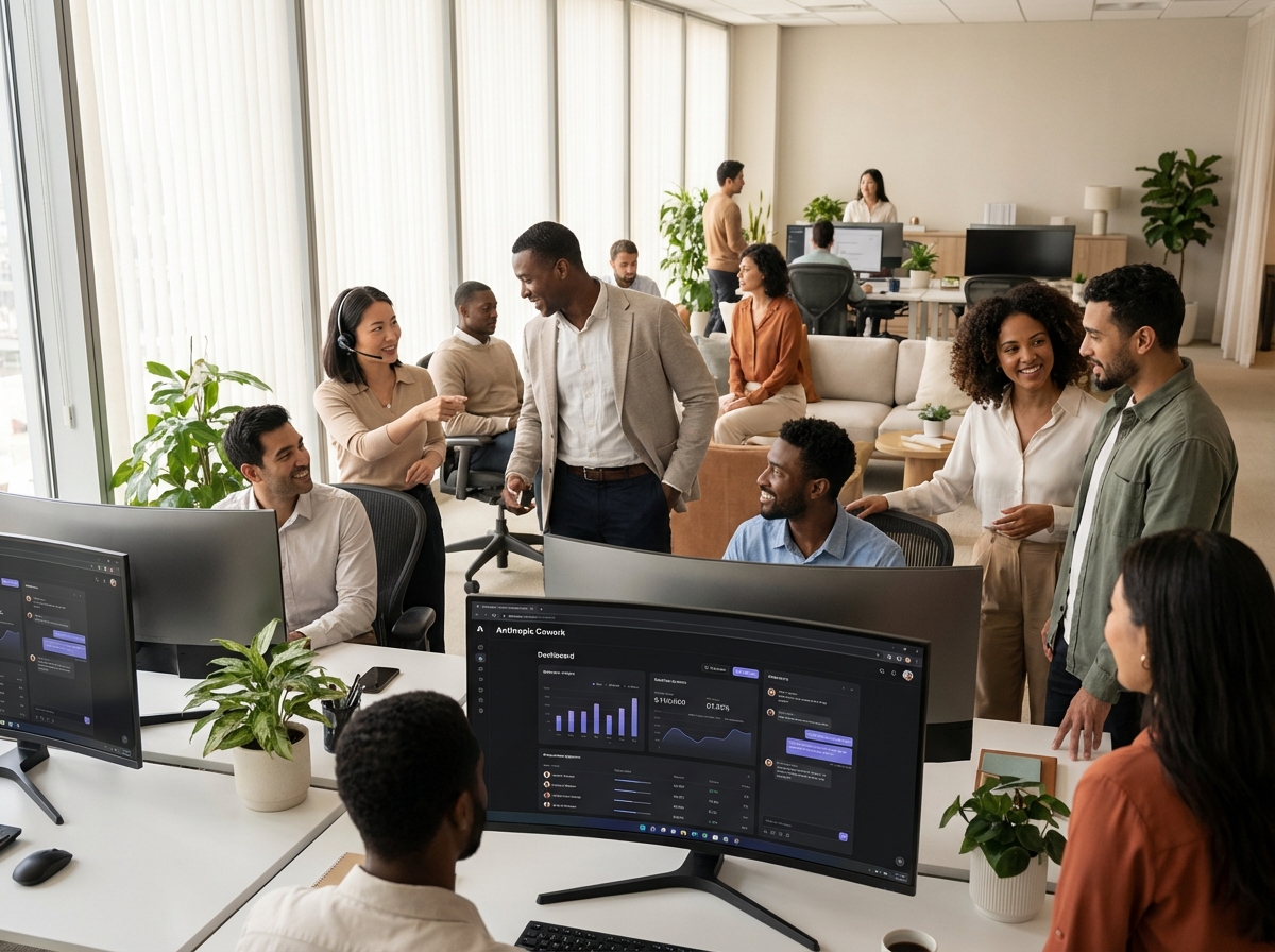 A modern bright office environment where professionals are using a sophisticated AI interface on their monitors titled Anthropic Cowork. The atmosphere is productive and clean, with soft natural light coming through large windows. People of diverse backgrounds are collaborating naturally. 4:3