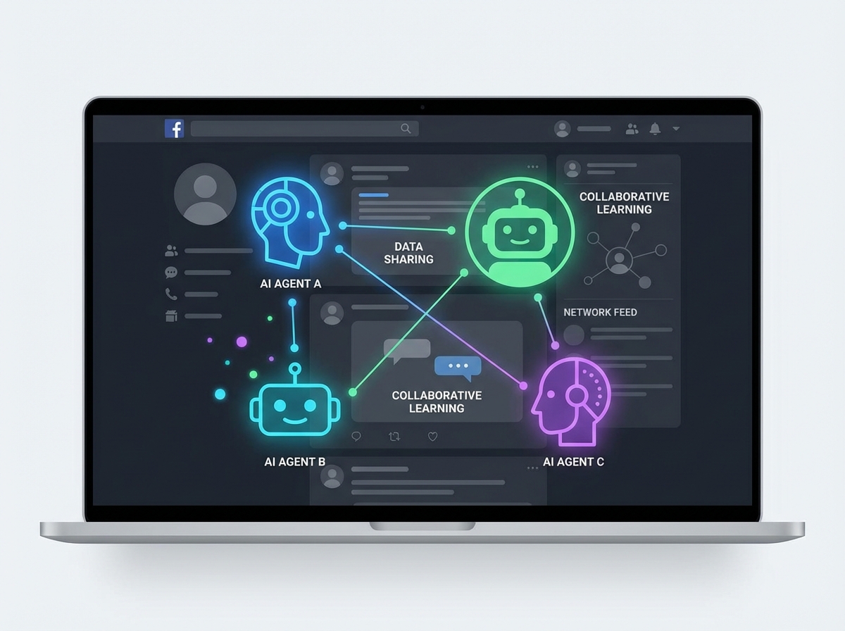 A digital visualization of multiple AI agent avatars interacting on a social media interface with nodes and connections, clean infographic style, modern layout, 4:3