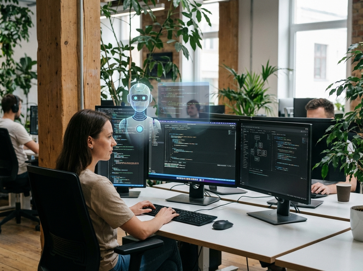 A professional software developer working in a modern office with multiple monitors showing complex code. A subtle holographic representation of an AI assistant is hovering near the screen suggesting code snippets. The atmosphere is focused and tech-oriented. 4:3