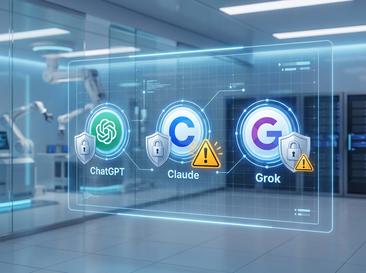 A modern and clean infographic showing various AI chatbot icons like ChatGPT, Claude, and Grok on a digital screen with security shields and warning signs. The background is a high-tech laboratory setting with soft blue and white lighting. 4:3