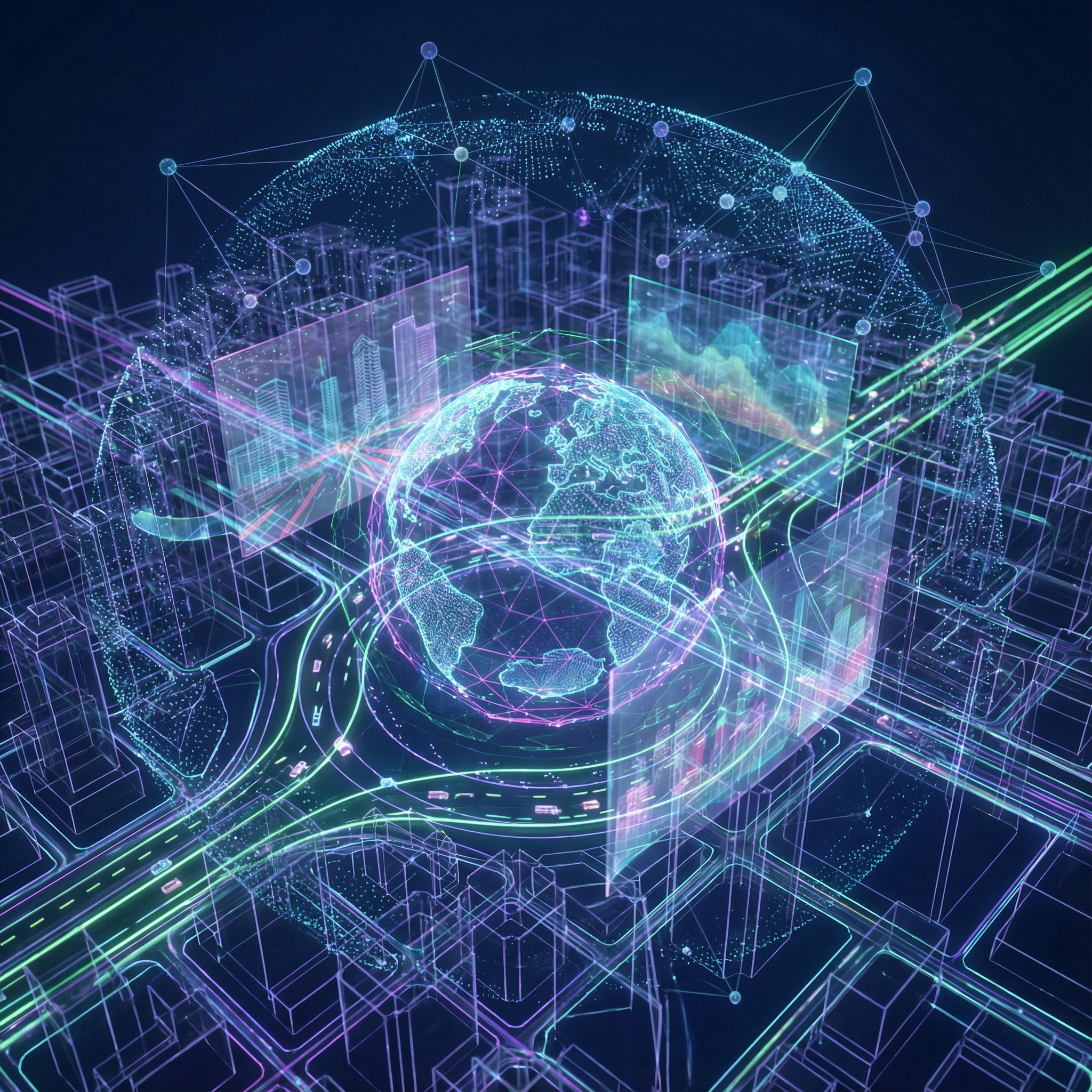 A complex 3D simulation of a city or abstract environment, illustrating how an AI world model understands spatial relationships and interactions, futuristic and detailed, no visible text, aspect ratio 1:1